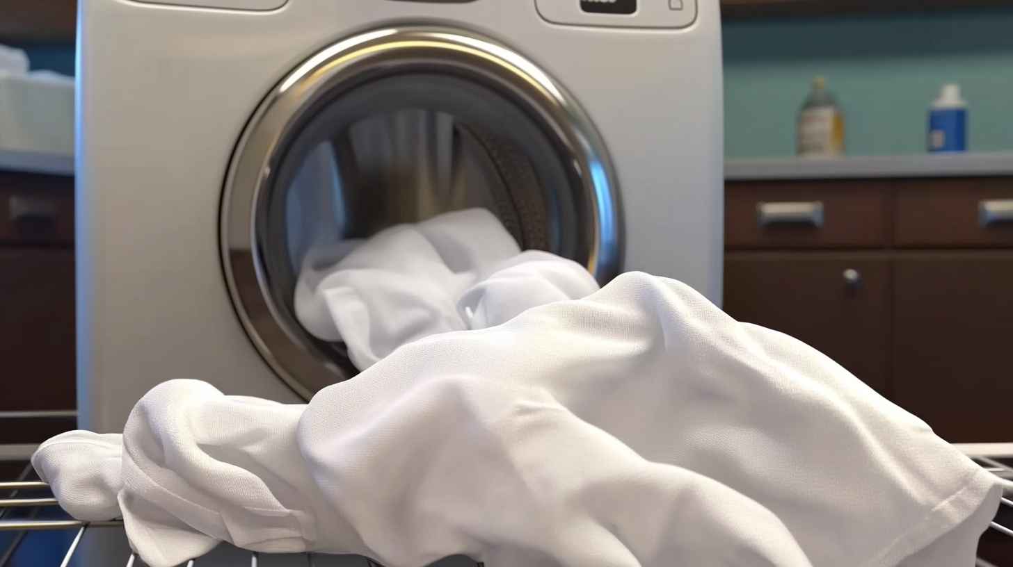 삼성 세탁기 건조기 일체형에서 부드럽고 주름 없이 나오는 옷의 클로즈업. 제품의 뛰어난 건조 효율성과 품질이 강조됨.