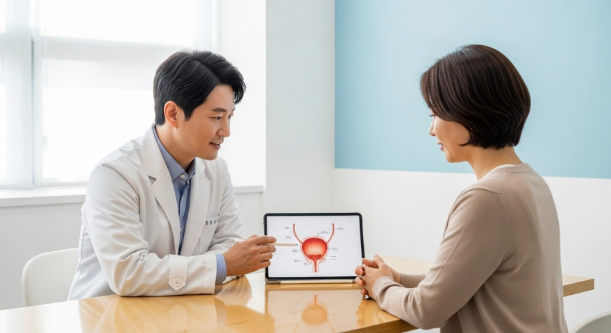 의사와 환자가 방광염 증상과 치료를 상담하는 장면
