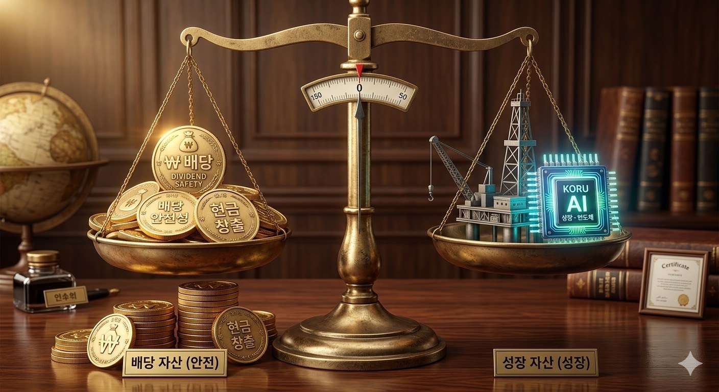 황금색 배당 코인과 원유 시추기, 반도체 칩이 균형 있게 놓여 있는 저울 이미지