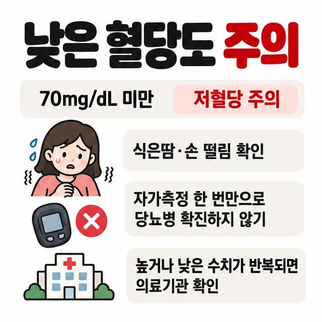 혈당 70 미만 저혈당 주의와 자가측정 한 번만으로 당뇨병을 확진하지 않는다는 체크리스트 카드