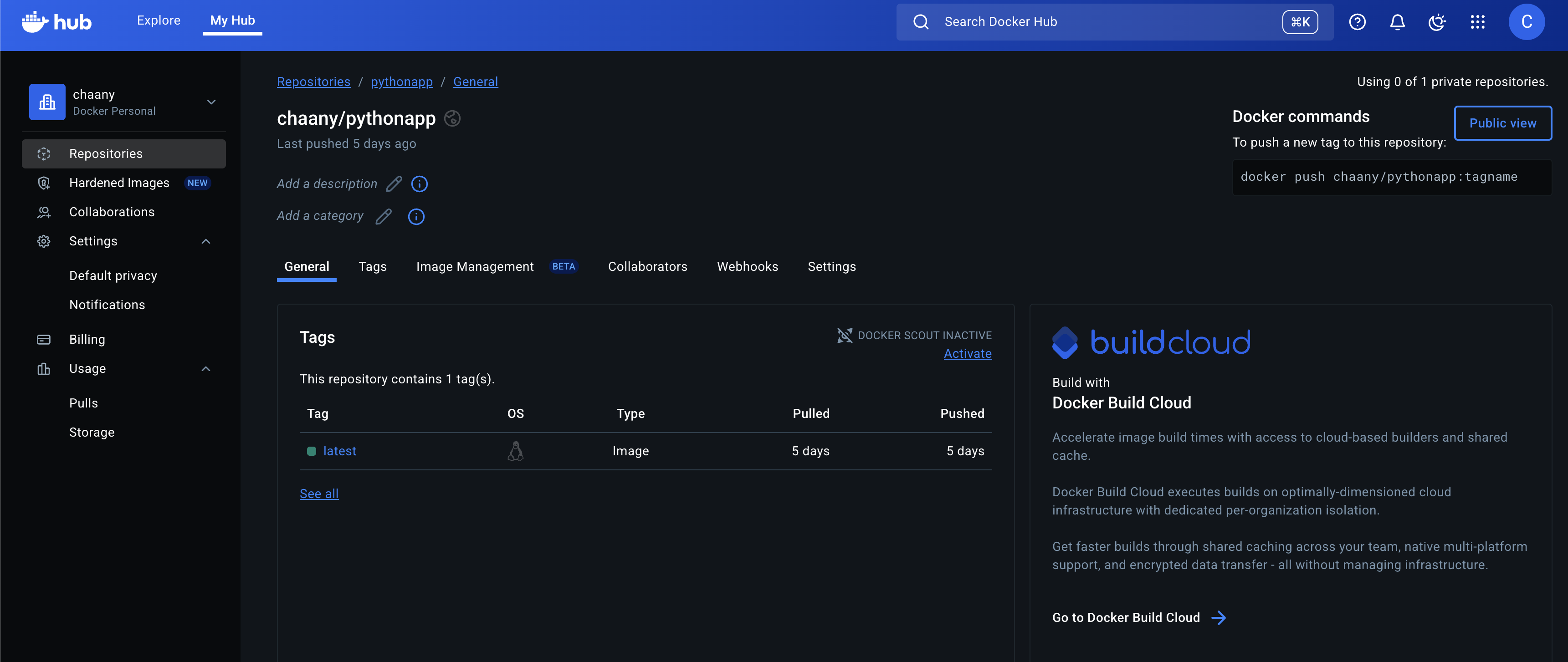 Dockerfile로 빌드한 Python 애플리케이션 이미지의 Docker Hub layer 화면