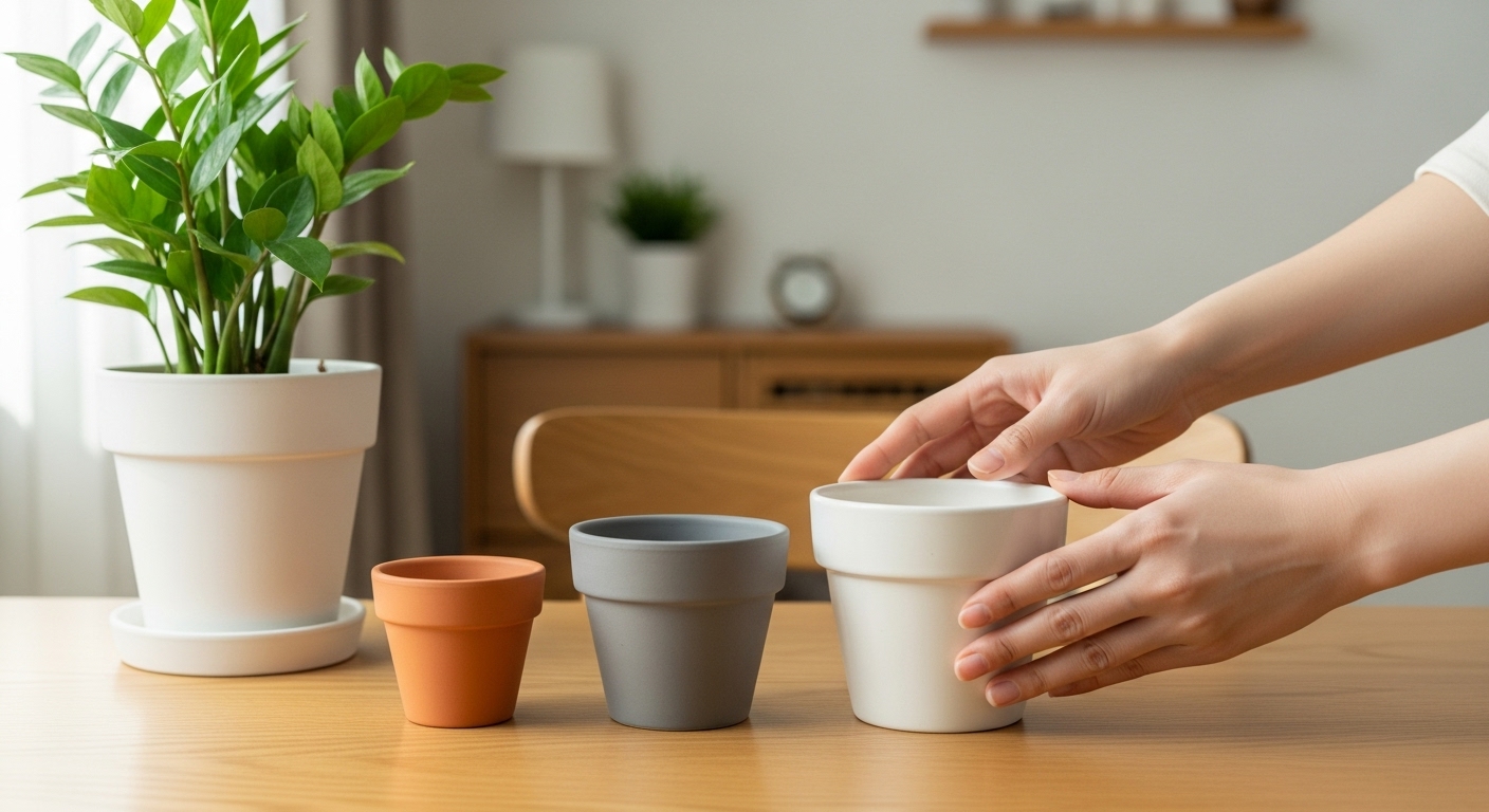 실내에서 여러 크기의 화분을 놓고 알맞은 사이즈를 고르는 모습