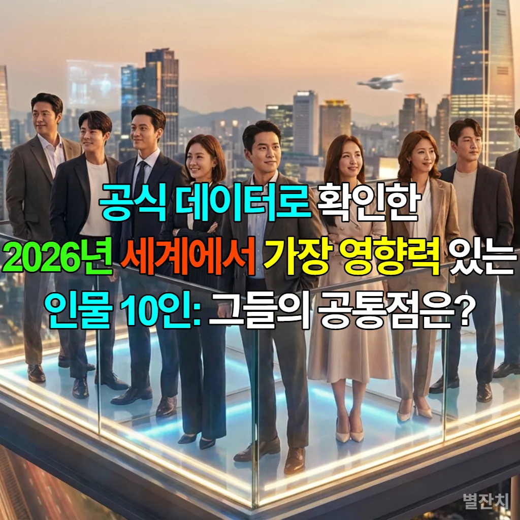 2026년 세계에서 가장 영향력 있는 인물 10인이 서울의 미래 도시를 배경으로 서 있는 모습