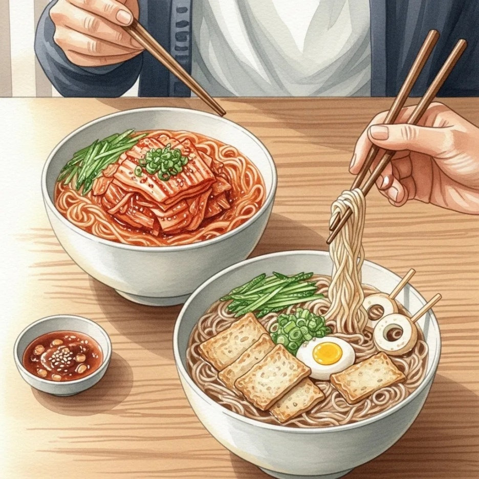 다양한 고명과 함께 즐기는 다채로운 잔치국수 변형.