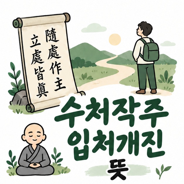한자 두루마리와 선 수행자 아이콘 옆에 수처작주 입처개진 뜻이라는 제목이 크게 적힌 대표 썸네일