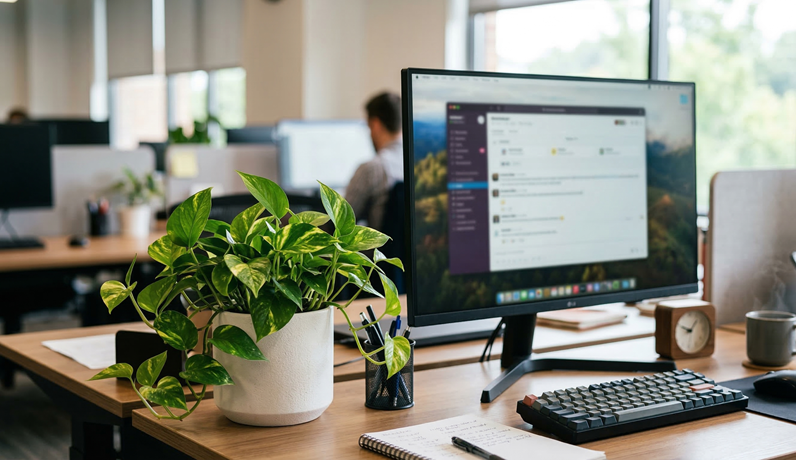 사무실 책상 위 스킨답서스 수경 재배 모습