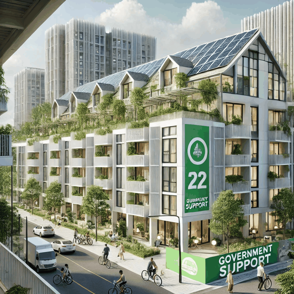 태양광 패널과 단열 공사가 진행 중인 친환경 공동주택 단지의 현대적이고 지속가능한 모습