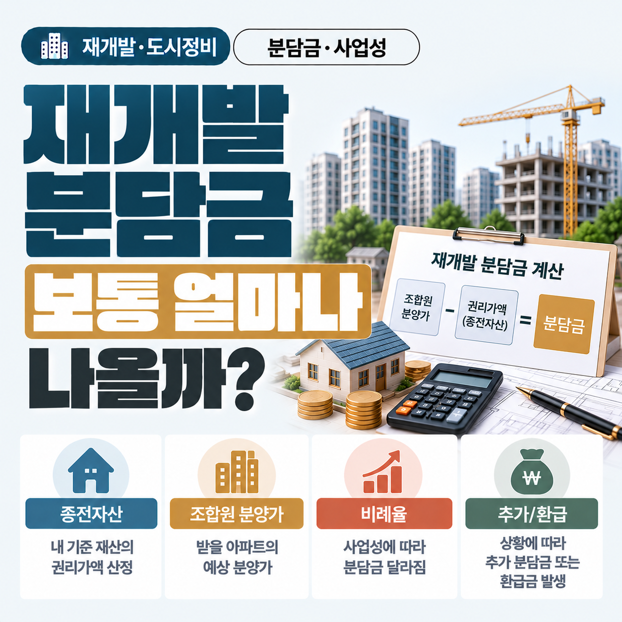 재개발 분담금 계산 기준을 종전자산과 조합원 분양가로 설명하는 이미지