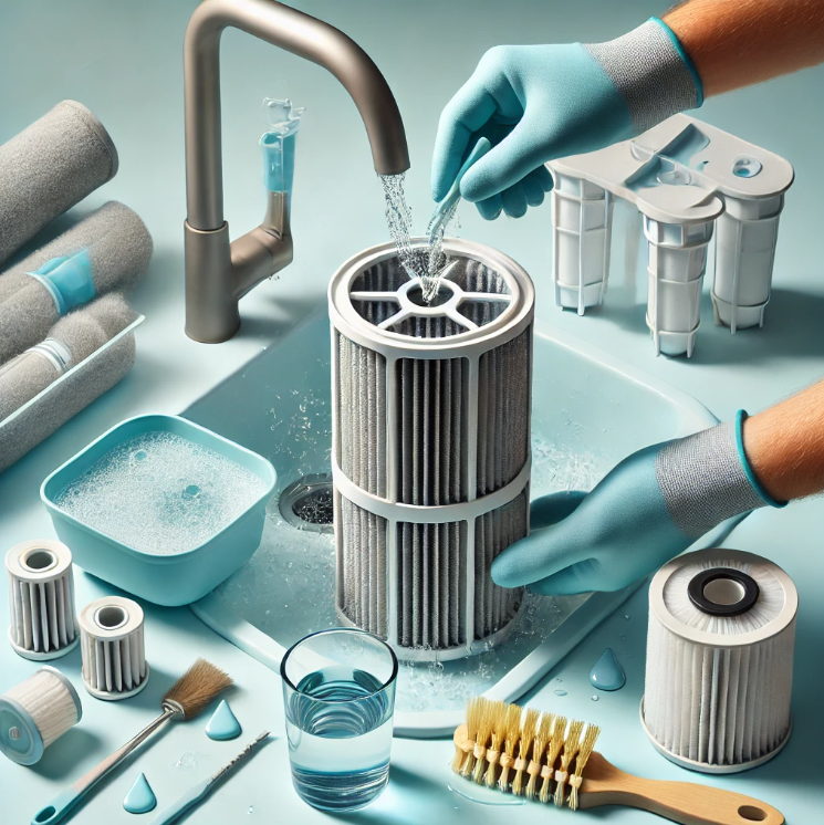 정수기 필터를 흐르는 물에 세척하는 모습