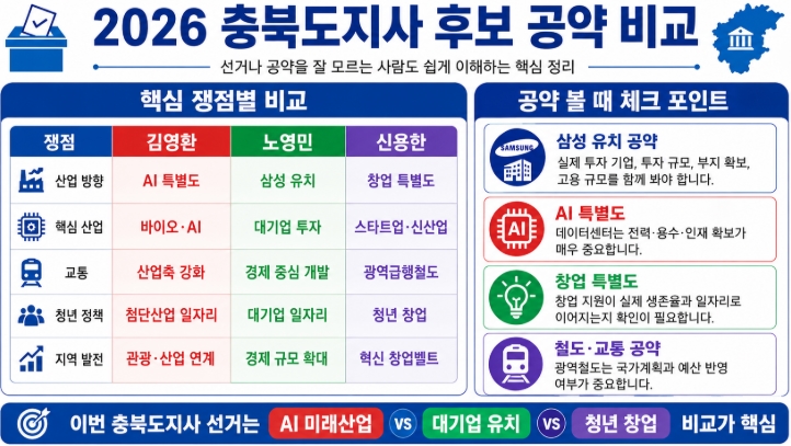 2026 충북도지사 후보 공약 비교 김영환 노영민 신용한 핵심정리