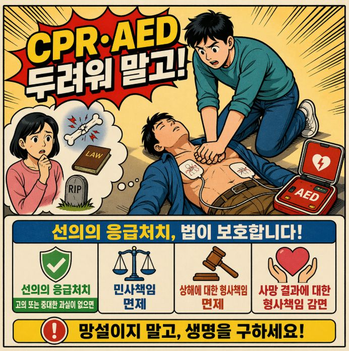 CPR·AED 시행 중 법적 책임에 대한 불안을 표현한 상황과 선의의 응급처치 보호 개념 인포그래픽