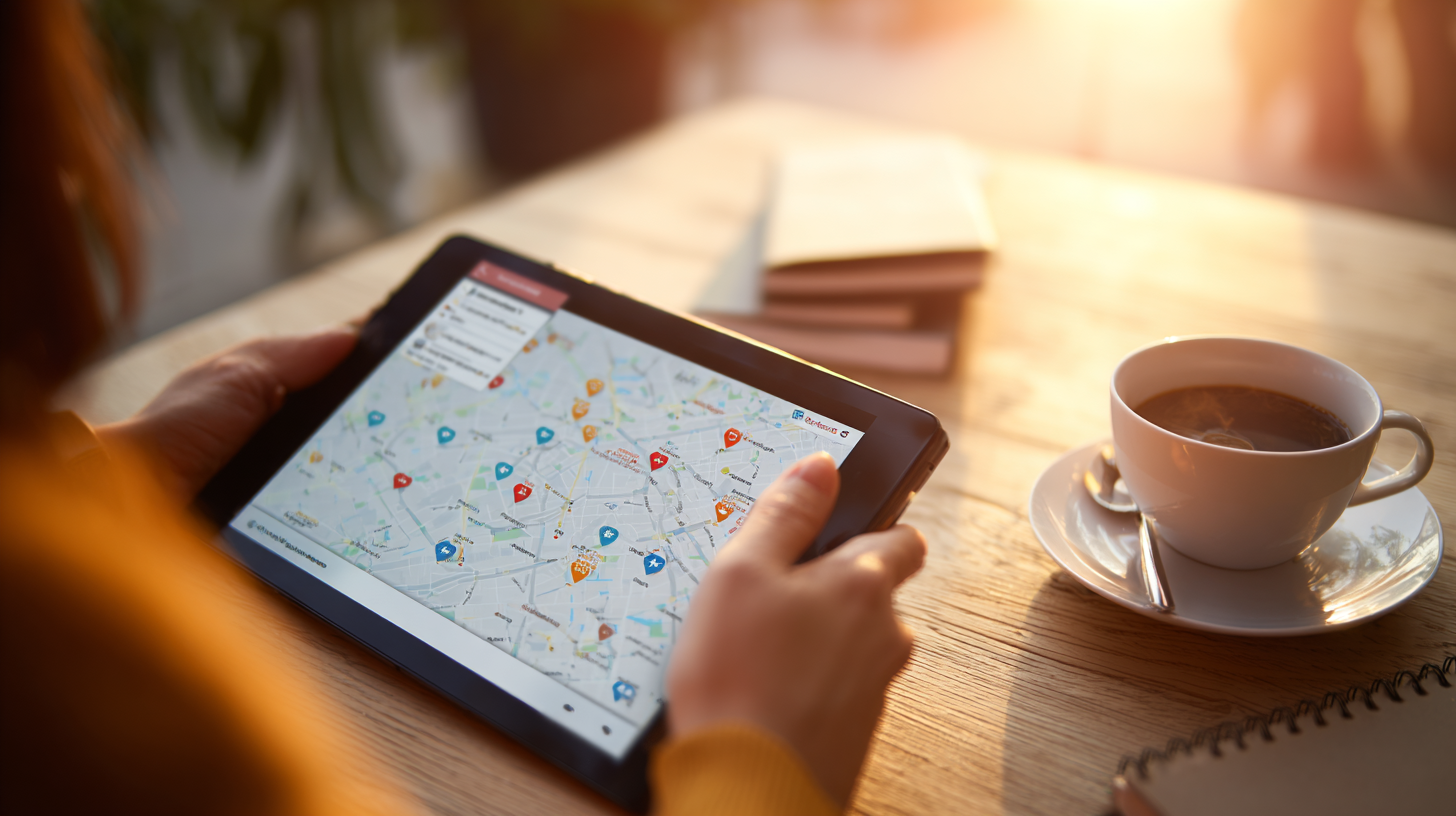 지도 기반으로 지역 가맹점을 검색 중인 한국 여성이 태블릿을 보며 확인하는 장면