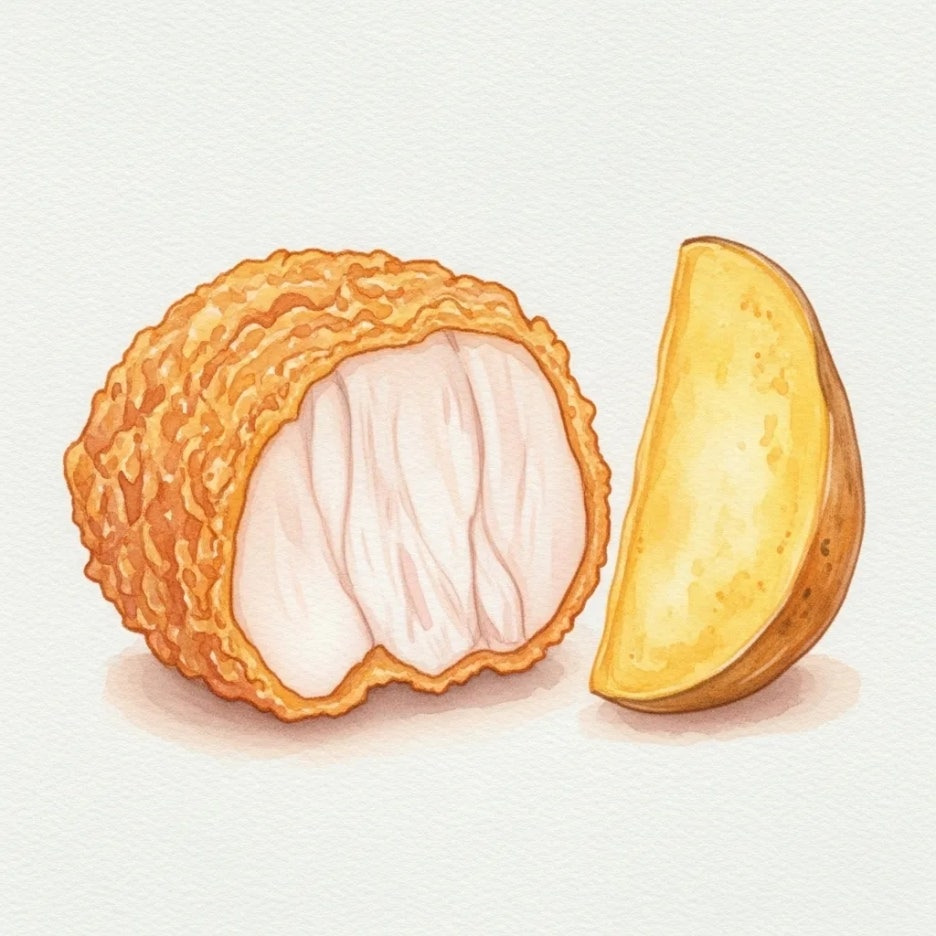 황금빛 바삭한 치킨과 감자의 촉촉한 속살.