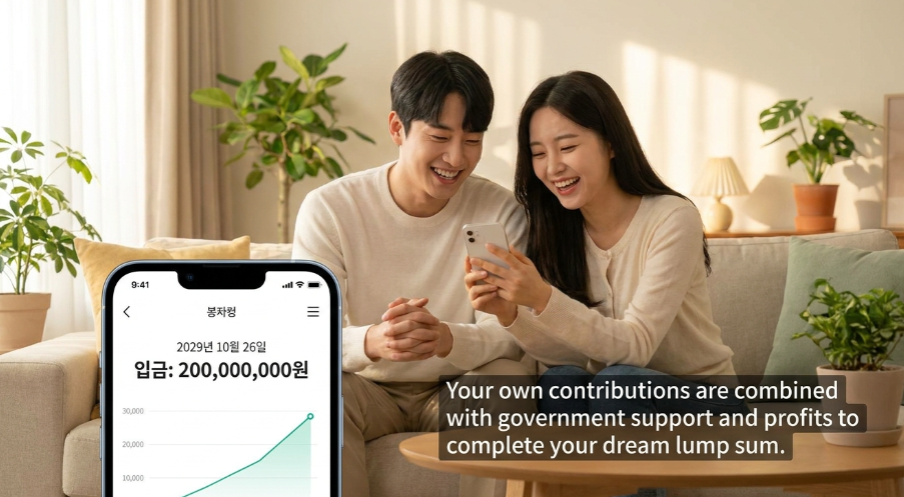 5년이라는 시간이 흐른 뒤 통장에 2억 원이 찍힌 것을 보고 기뻐하는 남녀