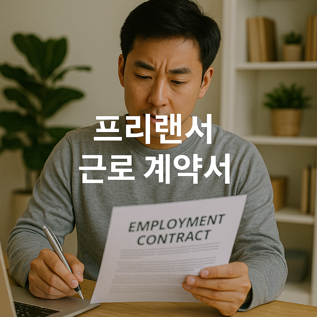 프리랜서 한국인 남성이 계약서를 읽고 서명 준비 중인 장면