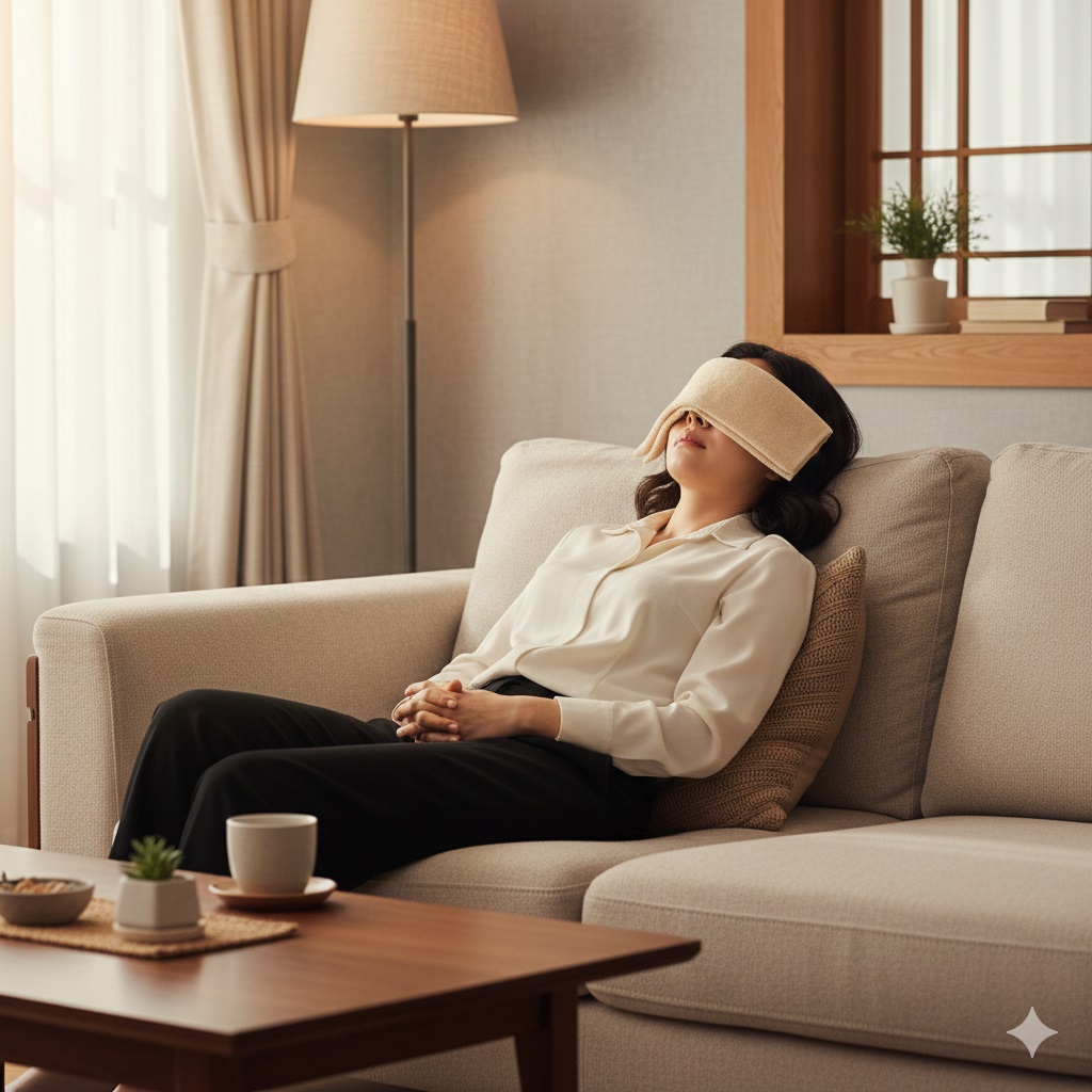 소파에 기대어 눈에 따뜻한 수건을 올리고 온찜질하며 휴식하는 모습