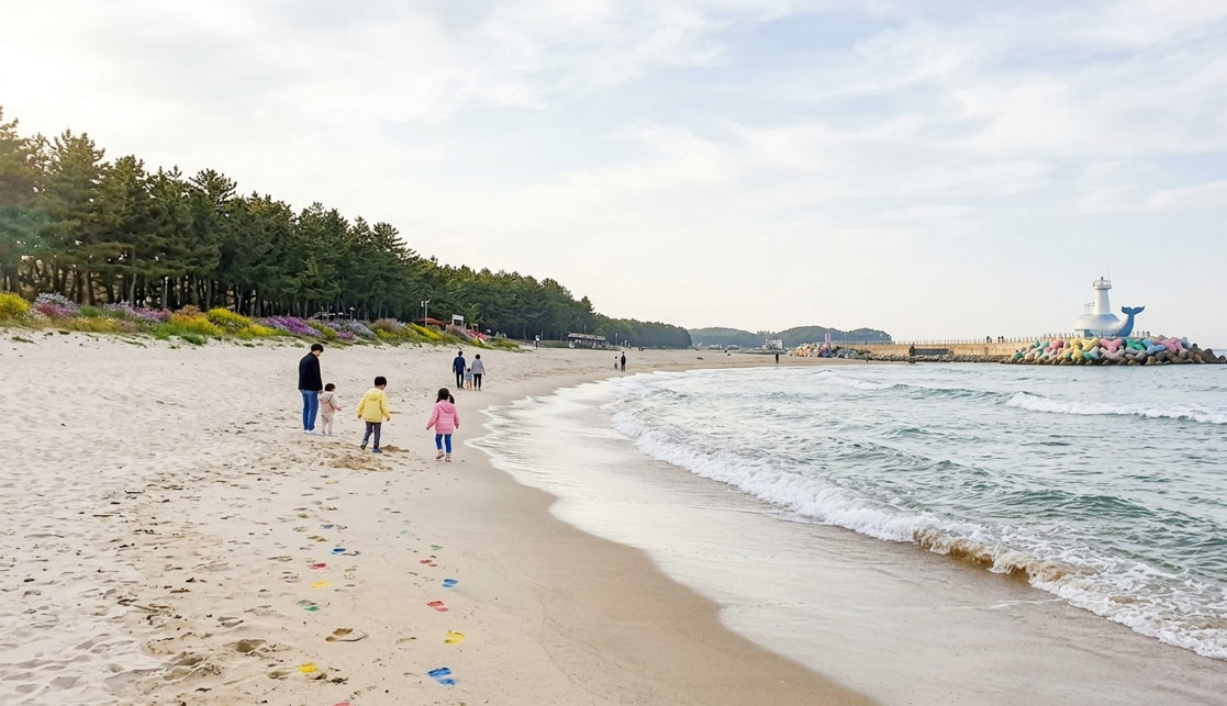 영덕 고래불해수욕장 봄철 넓고 한적한 백사장과 잔잔한 동해 파도 풍경