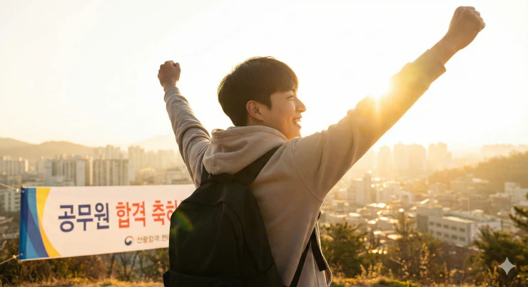 성공적인 공무원 시험 합격을 이뤄내고 밝게 웃는 수험생의 희망찬 뒷모습과 눈부신 아침 햇살