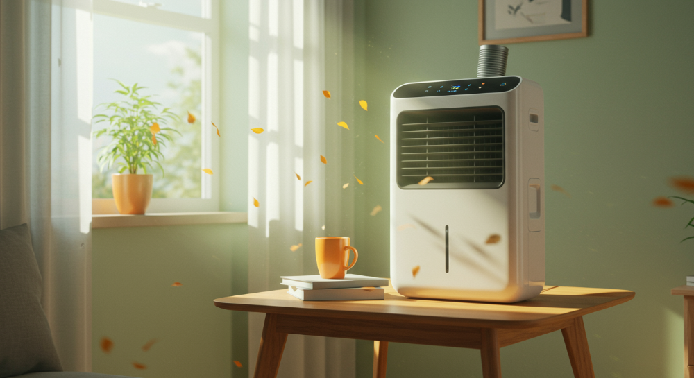 쾌적한 거실에 최적의 위치에 설치된 현대적인 제습기. 벽에서 30cm 이상 떨어져 1m 높이 탁자 위에 놓여 있으며, 창문이 살짝 열려 있어 환기를 암시합니다.