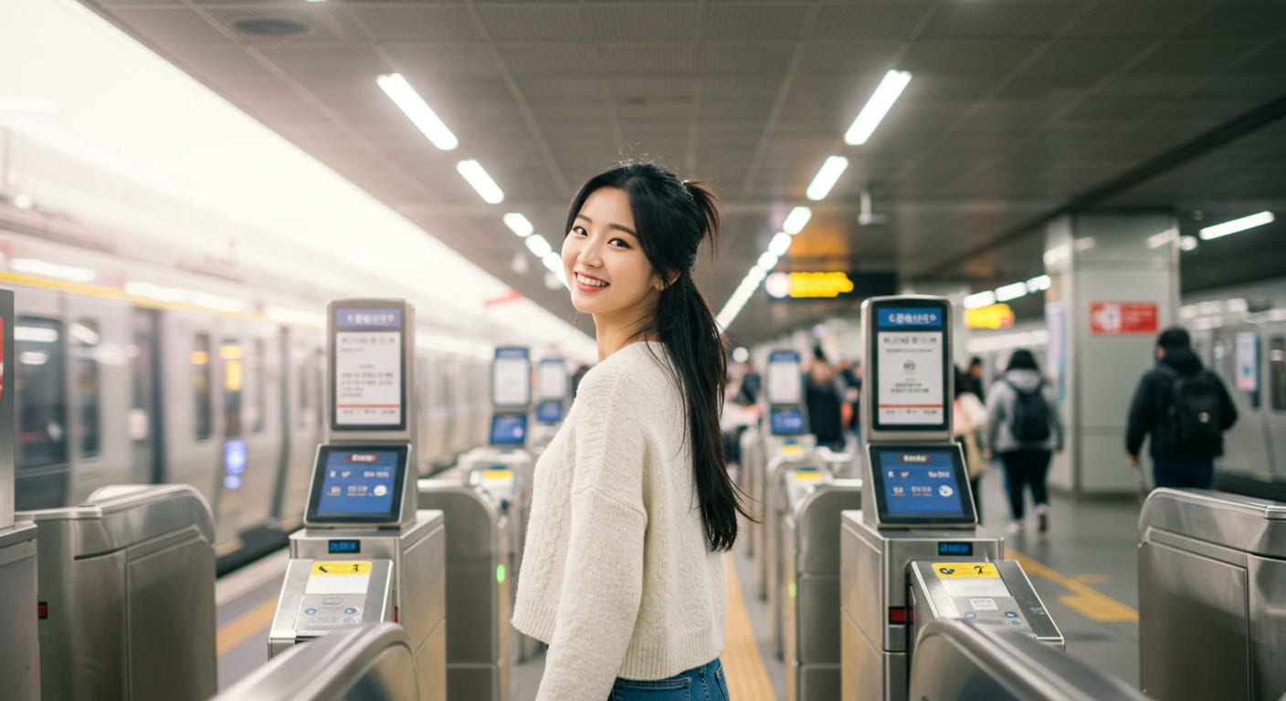 기후동행카드로 전철 탑습하는 여자