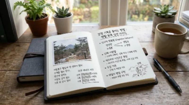 인지적 탈융합 이론과 산책, 수첩 기록을 통한 감정 기복 제어 루틴을 손글씨로 세밀하게 그린 멘탈 관리 실전 가이드 수첩 사진