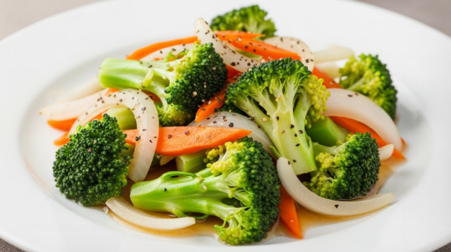 아삭한 식감이 살아있는 브로콜리 볶음이 깔끔한 화이트 접시에 소복하게 담긴 모습