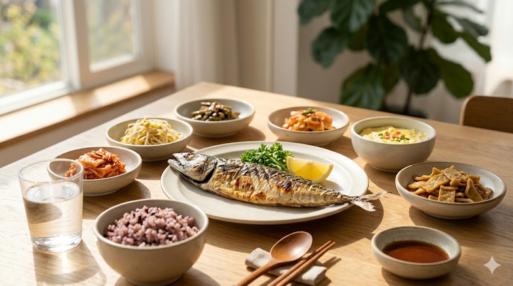"정갈한 한국식 밥상에 놓인 노릇하게 구워진 고등어구이. 레몬 조각이 곁들여져 있으며 주변에 쌈 채소가 함께 놓여 있는 건강하고 먹음직스러운 고화질 사진."