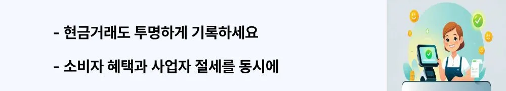현금거래도 투명하게 기록하세요, 소비자 혜택과 사업자 절세를 동시에’라는 문구가 포함된 웹배너 이미지. 이 이미지는 현금영수증 제도의 기본 개념과 장점을 시각적으로 전달하며, 블로그의 현금영수증 가이드와 관련된 내용을 설명함 (cash receipt concept, tax benefits).