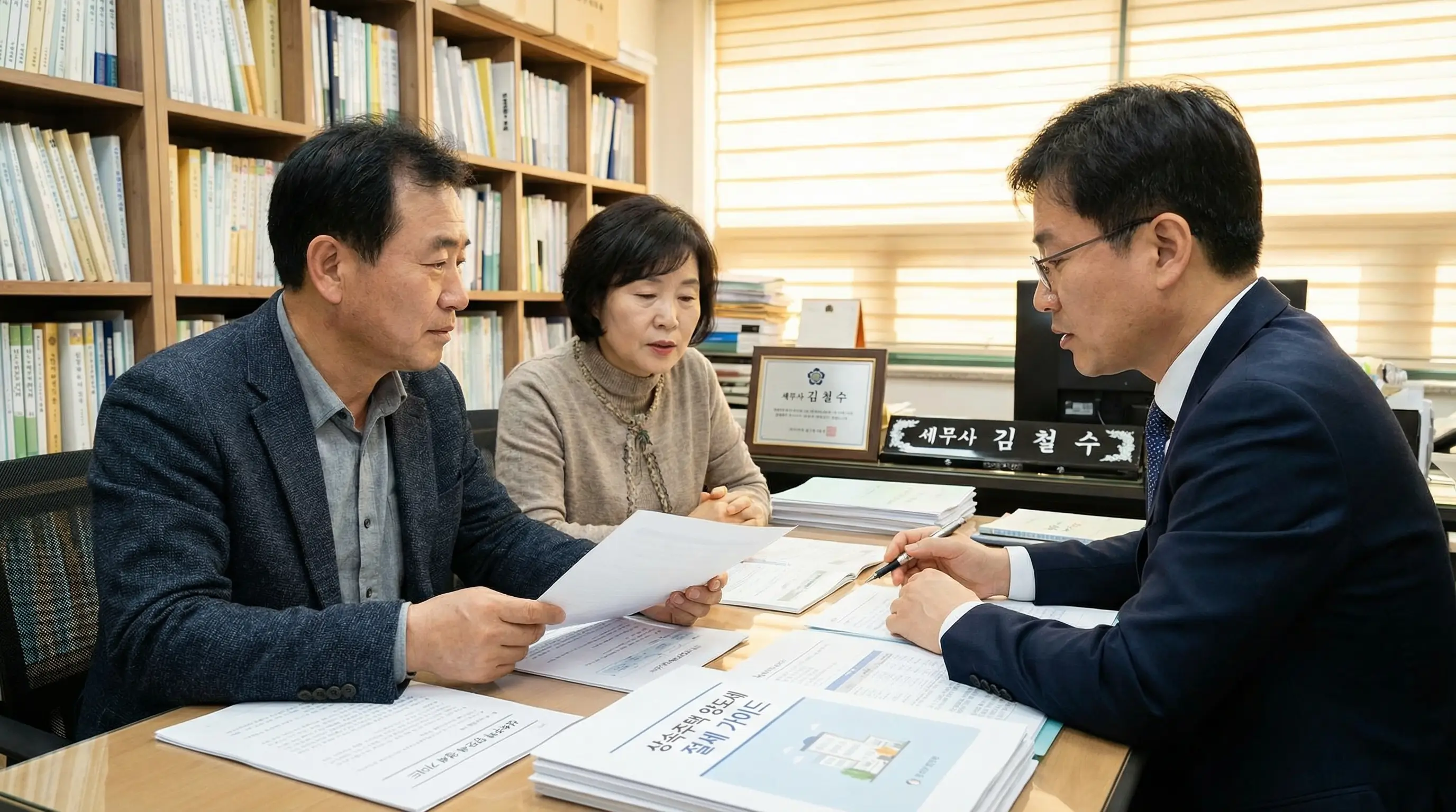 세무사 사무실에서 한국인 의뢰인이 상속주택 양도세 절세 방법에 대해 상담받으며 서류를 검토하는 모습