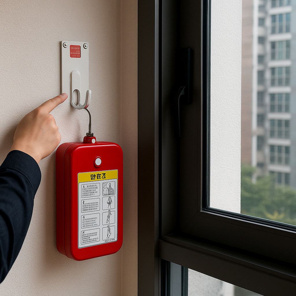 창가 벽면 지지대와 완강기 케이스 위치를 손가락으로 가리켜 확인하는 장면