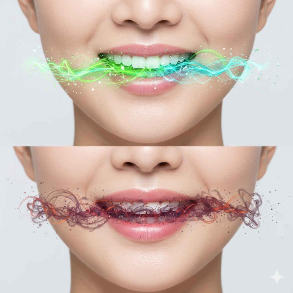 위아래로 배치된 두 여성 모델의 입 클로즈업, 위는 건강한 구강 환경(추상적 표현), 아래는 불량한 구강 환경(추상적 표현).