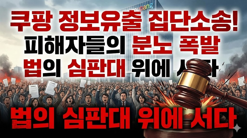 거대한 쿠팡 건물을 배경으로, 분노한 피해자들이 소송장을 들고 모여있는 모습입니다. 전경에는 법의 심판을 상징하는 판사봉이 내려쳐지고 있으며, "쿠팡 정보유출 집단소송!", "피해자들의 분노 폭발", "법의 심판대 위에 서다"라는 강력한 문구가 타이포그래피로 표현되어 긴박하고 심각한 분위기를 강조합니다.