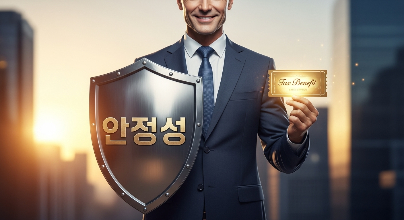 투자자가 한 손에는 '방패'(안정성)를, 다른 한 손에는 '세금 혜택 쿠폰'(수익성)을 들고 서 있는 모습