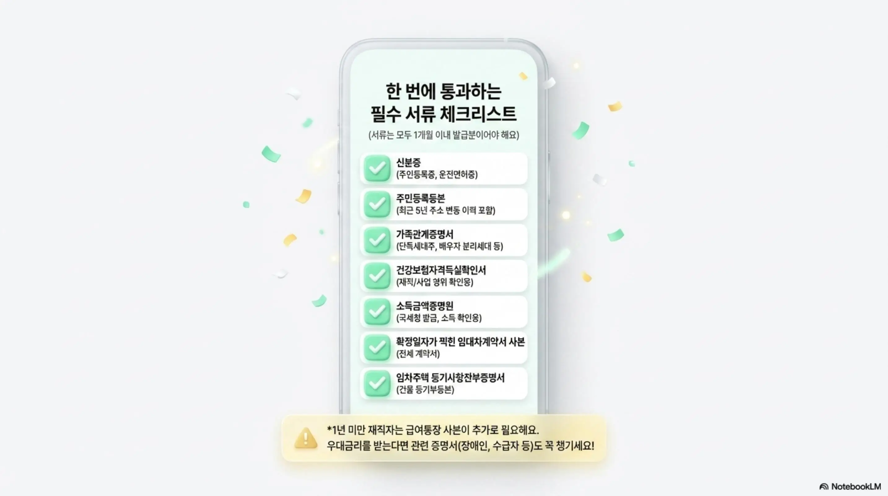 청년버팀목전세대출 필수 서류 체크리스트를 스마트폰 화면 형태로 정리한 인포그래픽. 신분증 주민등록등본 가족관계증명서 건강보험자격득실확인서 소득금액증명원 확정일자부 임대차계약서 사본 임차주택 등기사항전부증명서 등 필수 서류 목록과 1년 미만 재직자 급여통장 사본 추가 필요 안내를 포함함