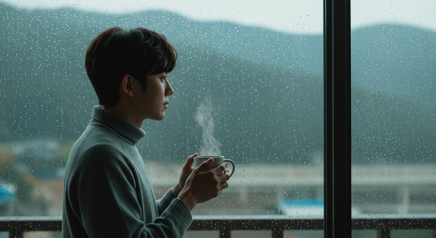 비 오는 날 창가에서 강원도 풍경을 바라보며 사색하는 한국인