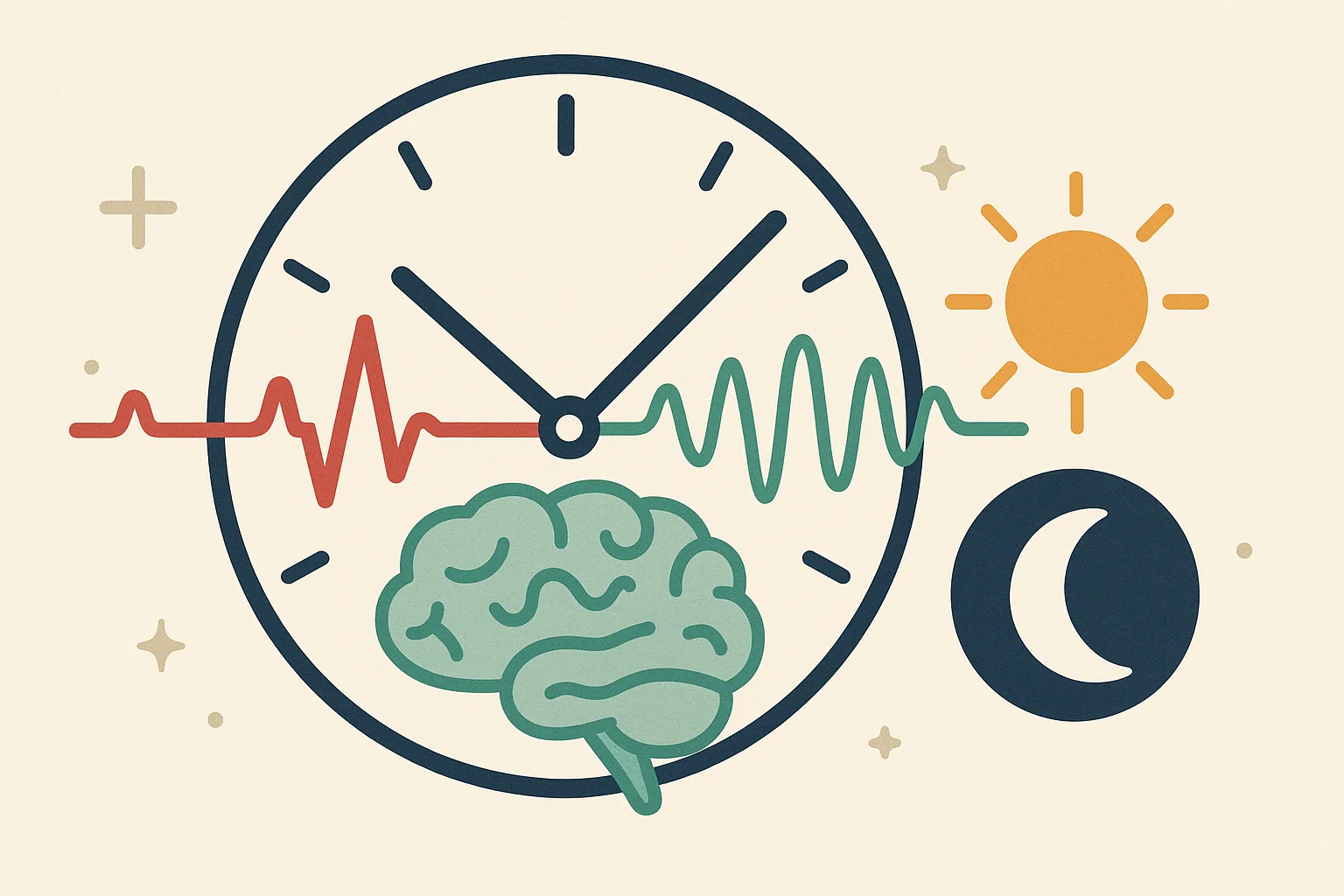 시계 바늘과 심장 박동선, 뇌파 그래프가 겹쳐진 인포그래픽