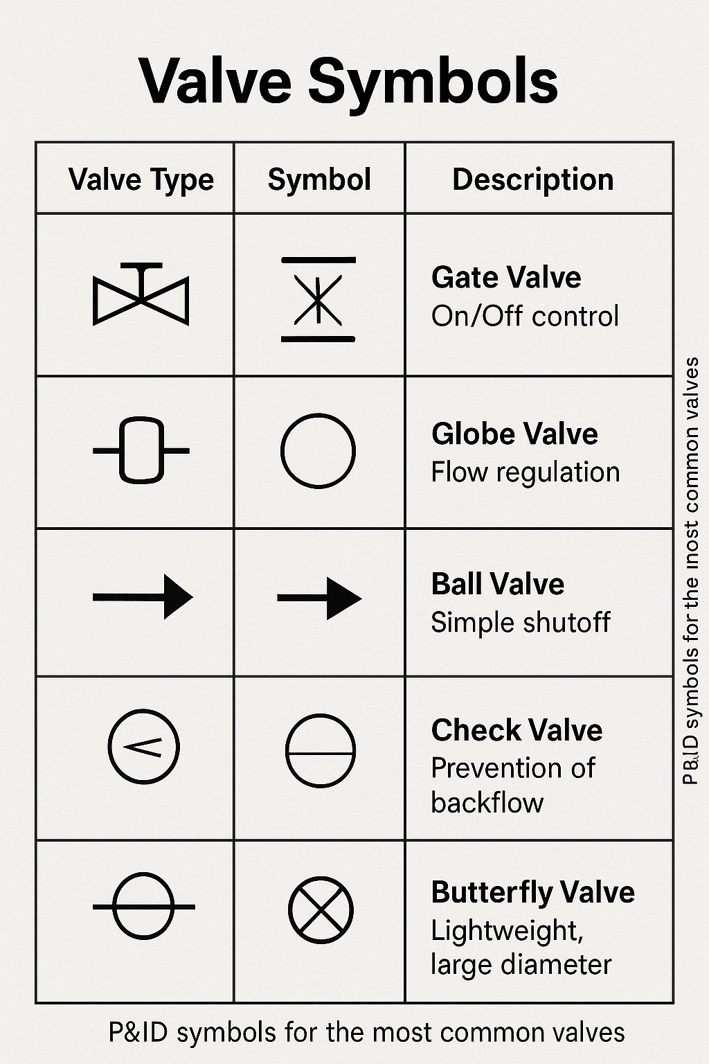 Gate, Globe, Ball, Check, Butterfly valve P&amp;ID symbols