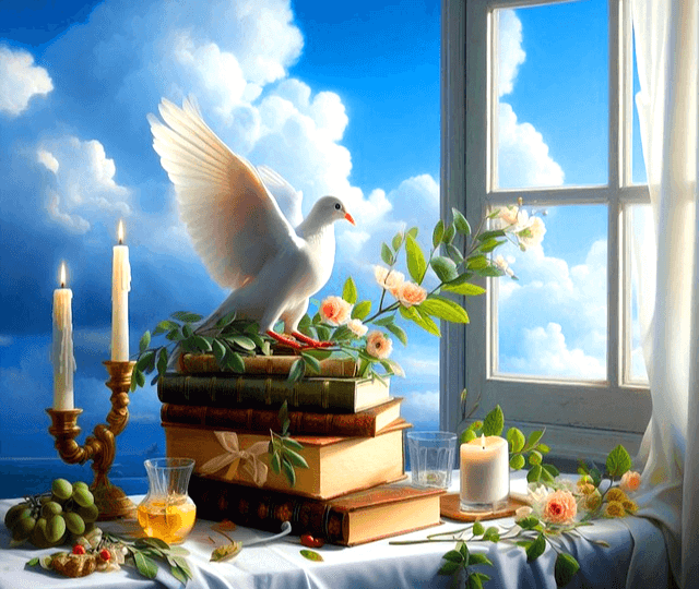 파란 하늘이 보이는 창가 식탁에 하얀 비둘기가 날래를 펼치며 서있고, 양초와 살구색 장미꽃, 책들, 포도가 식탁에 있다.