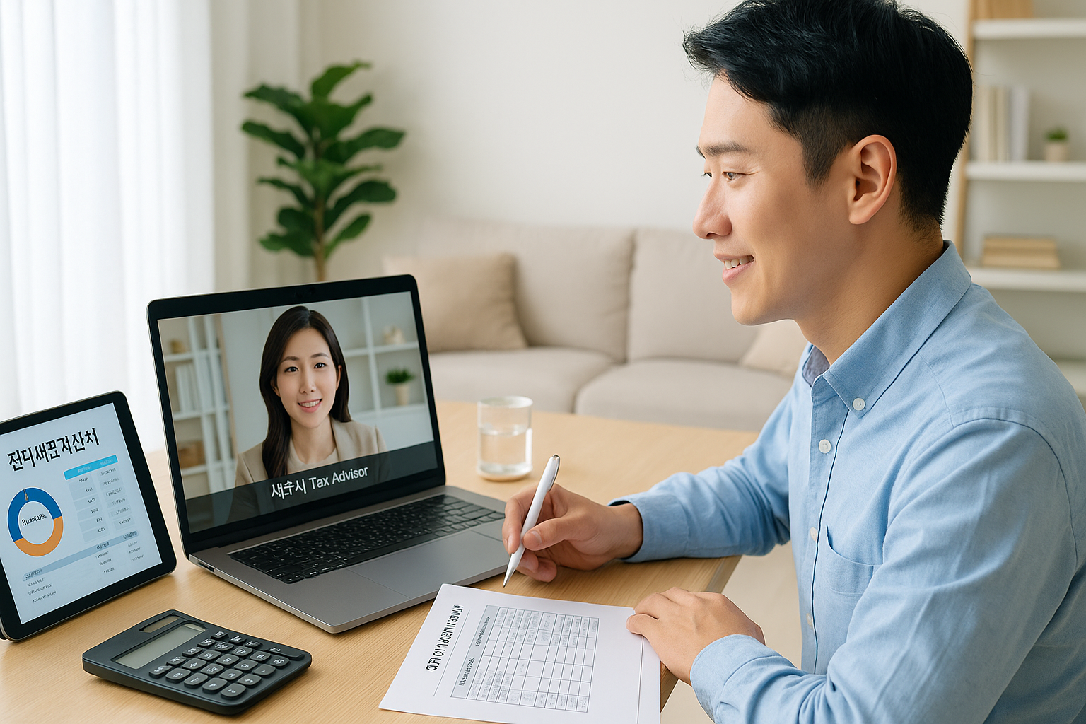 세무사와 화상회의중인 고소득 프리랜서