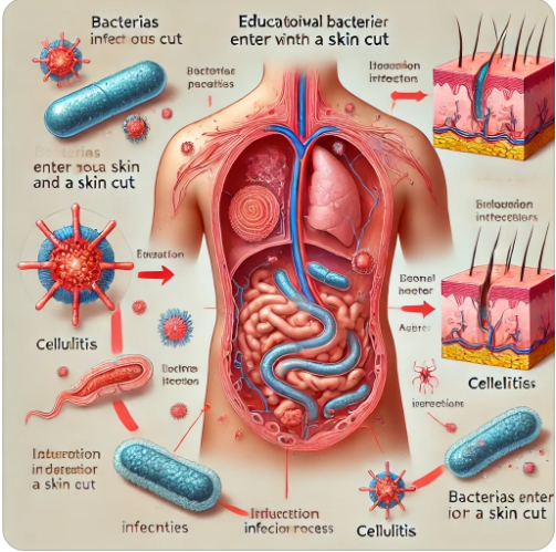 세균 감염 경로 설명 다이어그램 → 상처 → 세균 침투 → 염증 진행 과정