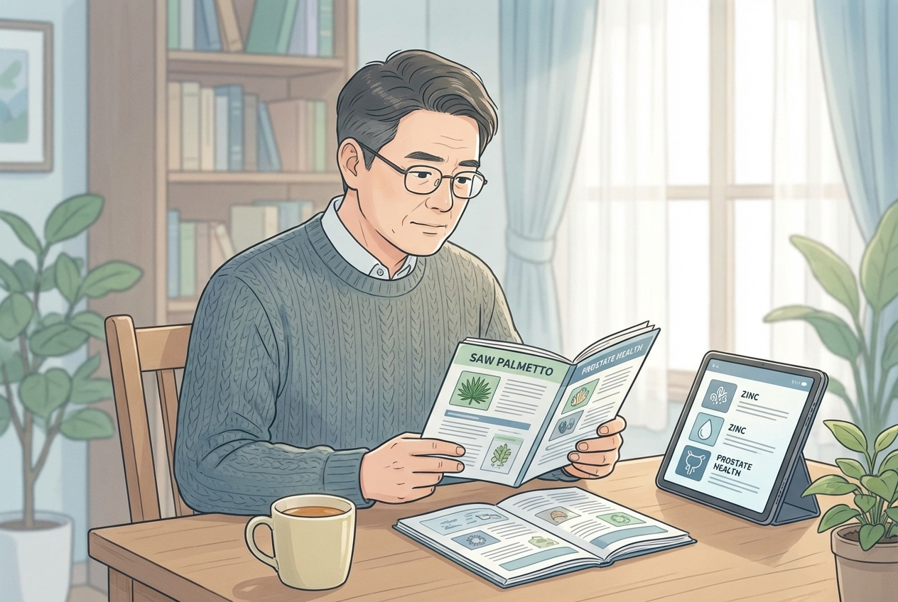 전립선 건강을 고민하는 40대 한국인 남성이 쏘팔메토&middot;아연 성분 정보를 살펴보는 일러스트