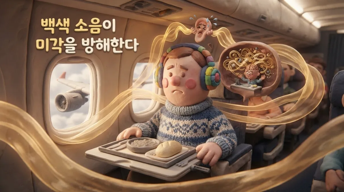 비행기 기내에서 85데시벨 엔진 백색 소음에 둘러싸인 채 밋밋한 식사를 하고 있는 클레이 애니메이션 승객 이미지
