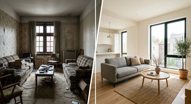 리모델링 전후 아파트 내부 변화와 집값 상승 가능성 비교 이미지