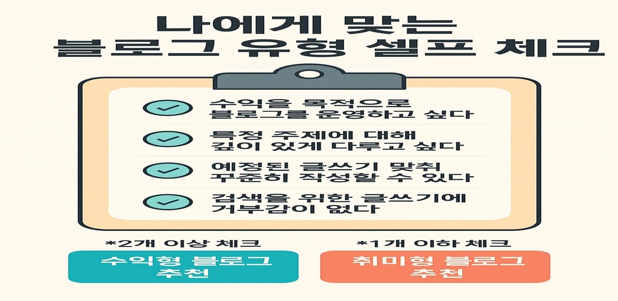 “수익형 블로그와 취미형 블로그 중 어떤 유형이 나에게 맞는지 4가지 질문으로 체크해보는 인포그래픽 – 체크 수에 따라 추천 블로그 유형 구분”