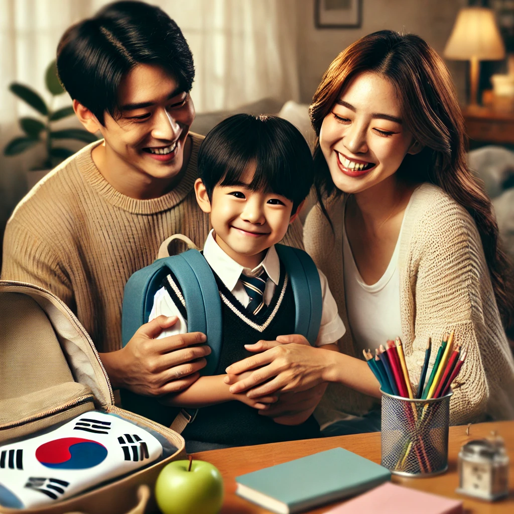 &quot;행복한 한국인 가족이 초등학교 입학을 준비하는 모습. 부모님이 미소를 지으며 아이의 책가방을 싸는 것을 돕고 있으며, 책, 연필, 교복 등 학용품이 테이블 위에 놓여 있다. 따뜻하고 편안한 가정 환경이 연출되며, 저소득 가구를 지원하는 정부 프로그램의 취지를 반영한 장면.&quot;