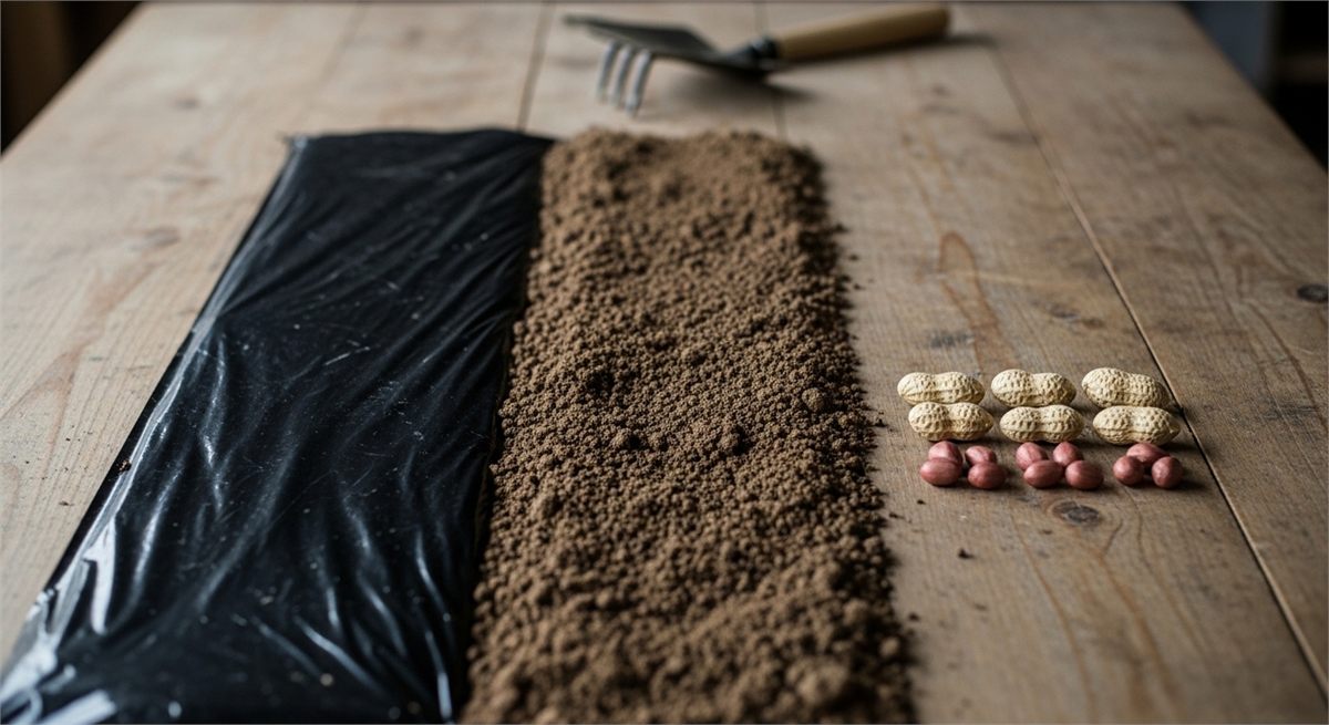 비닐과 맨흙, 종자를 나란히 놓은 파종 비교 장면