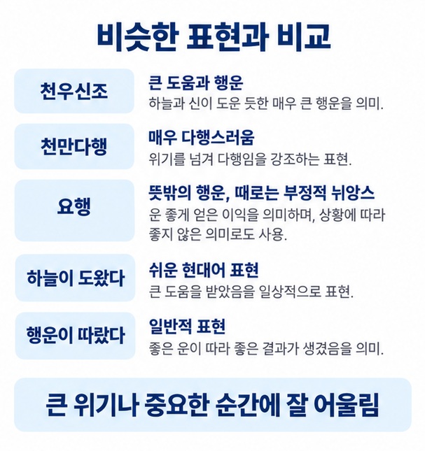 천우신조 천만다행 요행 하늘이 도왔다 행운이 따랐다의 의미 차이를 비교한 이미지