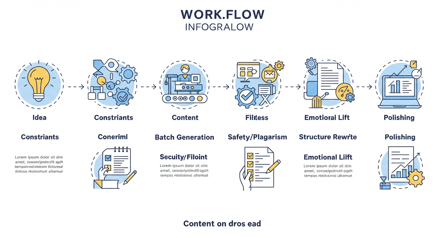 아이디어&rarr;조건 정의&rarr;다중 생성&rarr;안전/표절 필터&rarr;구조 리라이트&rarr;감정 증폭&rarr;폴리싱으로 이어지는 작사 자동화 다이어그램