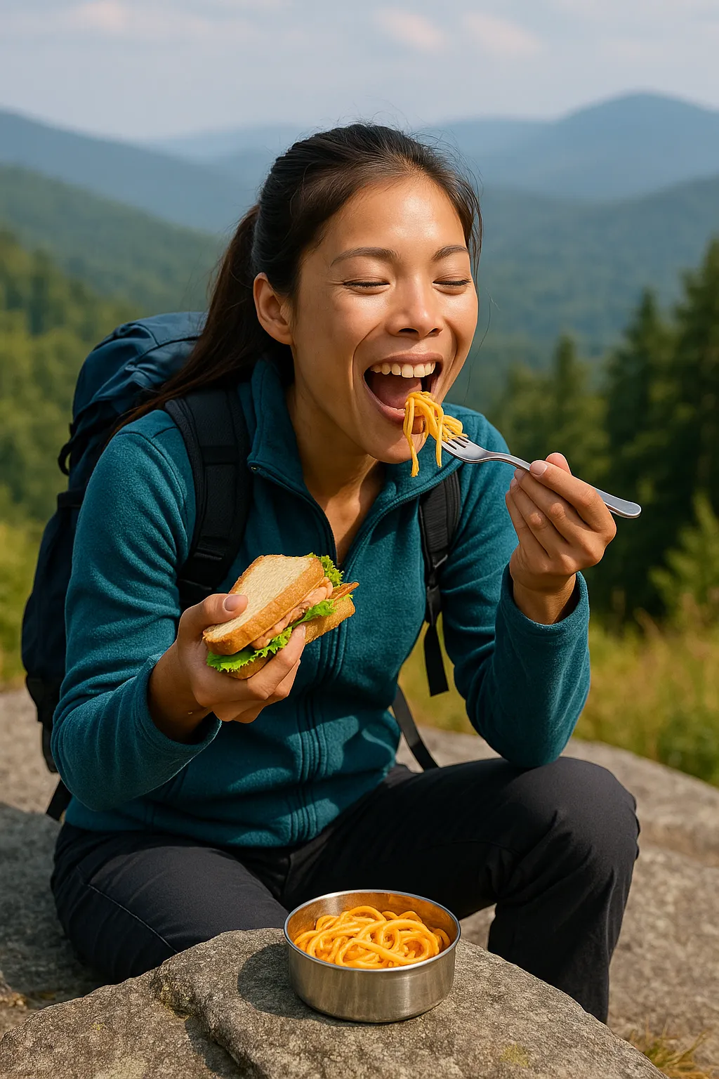등산을-마친-후-바위-위에-앉아-샌드위치와-파스타를-먹으며-행복하게-미소-짓는-여성의-모습으로,-운동-후-식욕-증가와-풍경이-주는-심리적-만족감이-음식을-더-맛있게-느끼게-하는-상황을-자연스럽게-표현한-장면