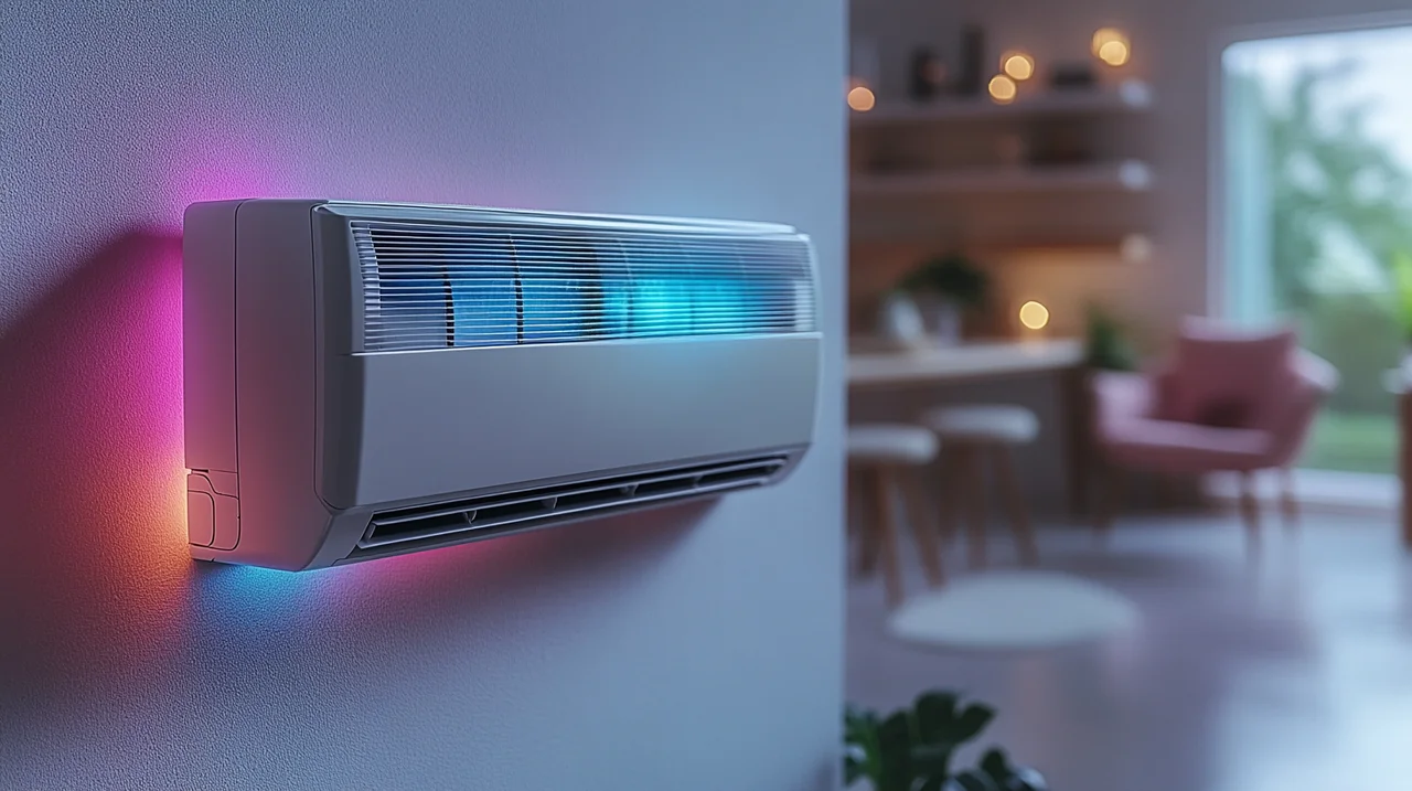 현대적 인테리어에서 더위를 식히는 삼성 LG 에어컨의 가격 비교. 벽걸이형 에어컨으로 여름 더위를 식히며 시원함을 만끽하는 모습을 담았습니다. 스칸디나비아 디자인 요소가 더해져 효율성이 강조됩니다.